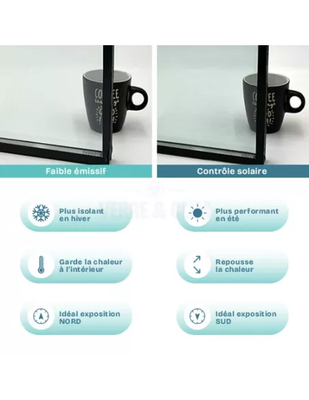 Photo différence entre double vitrage faible émissif et double vitrage contrôle solaire